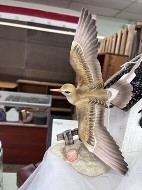 Hand-Painted Ceramic Flying Sea Bird Figurine in Tan and Pink